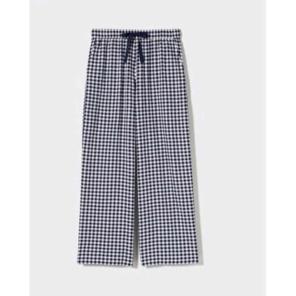 Uniqlo Womens Size Small Seersucker Easy Pants Navy Blue White Gingham Princesse